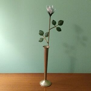 Vintage Ted Arnold Ltd white enameled metal rose in brass vase